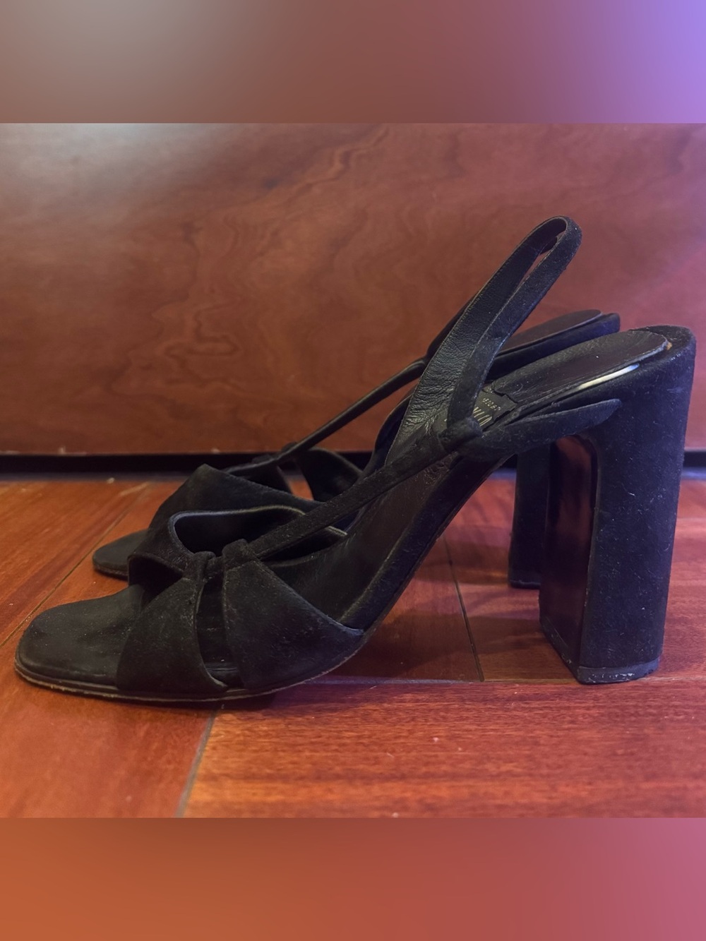 Vintage Richard Tyler Black Suede Block Heel Sandals 7.5 Made in Italy